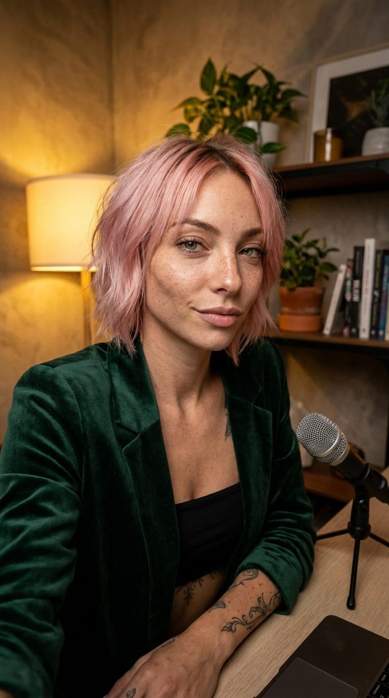 AI avatar at a desk with a podcast microphone, green velvet blazer, warm lamp light