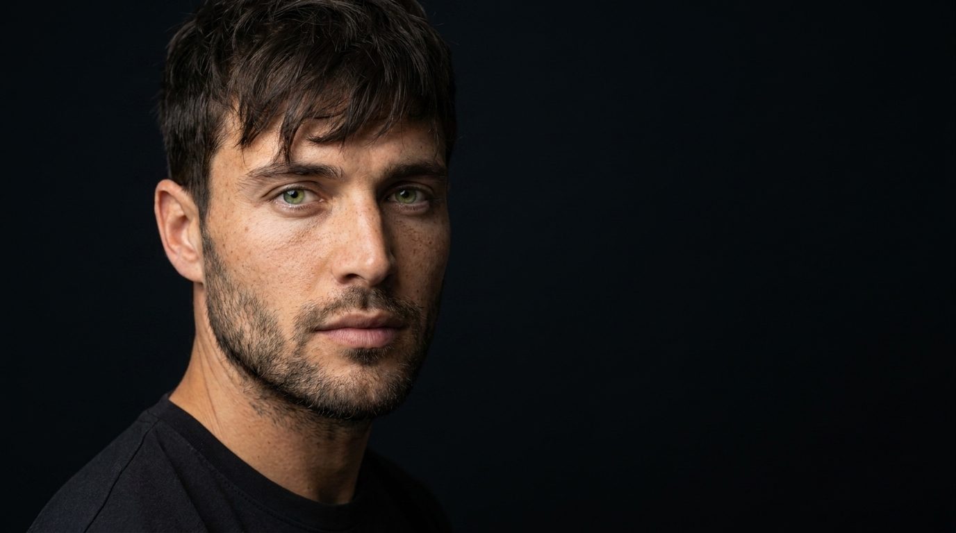 Clean studio reference portrait of a dark-haired male AI avatar on a black background