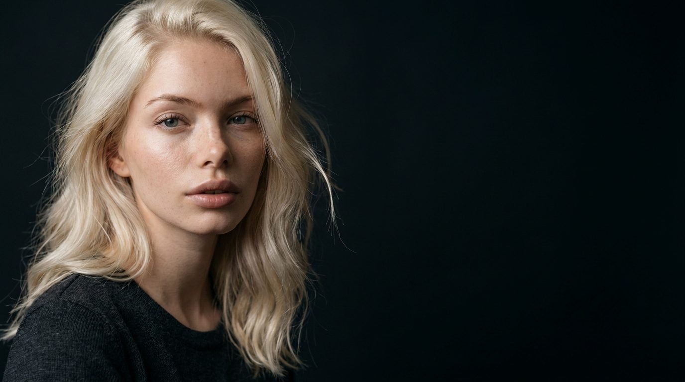Clean studio reference portrait of a blonde AI avatar on a dark background