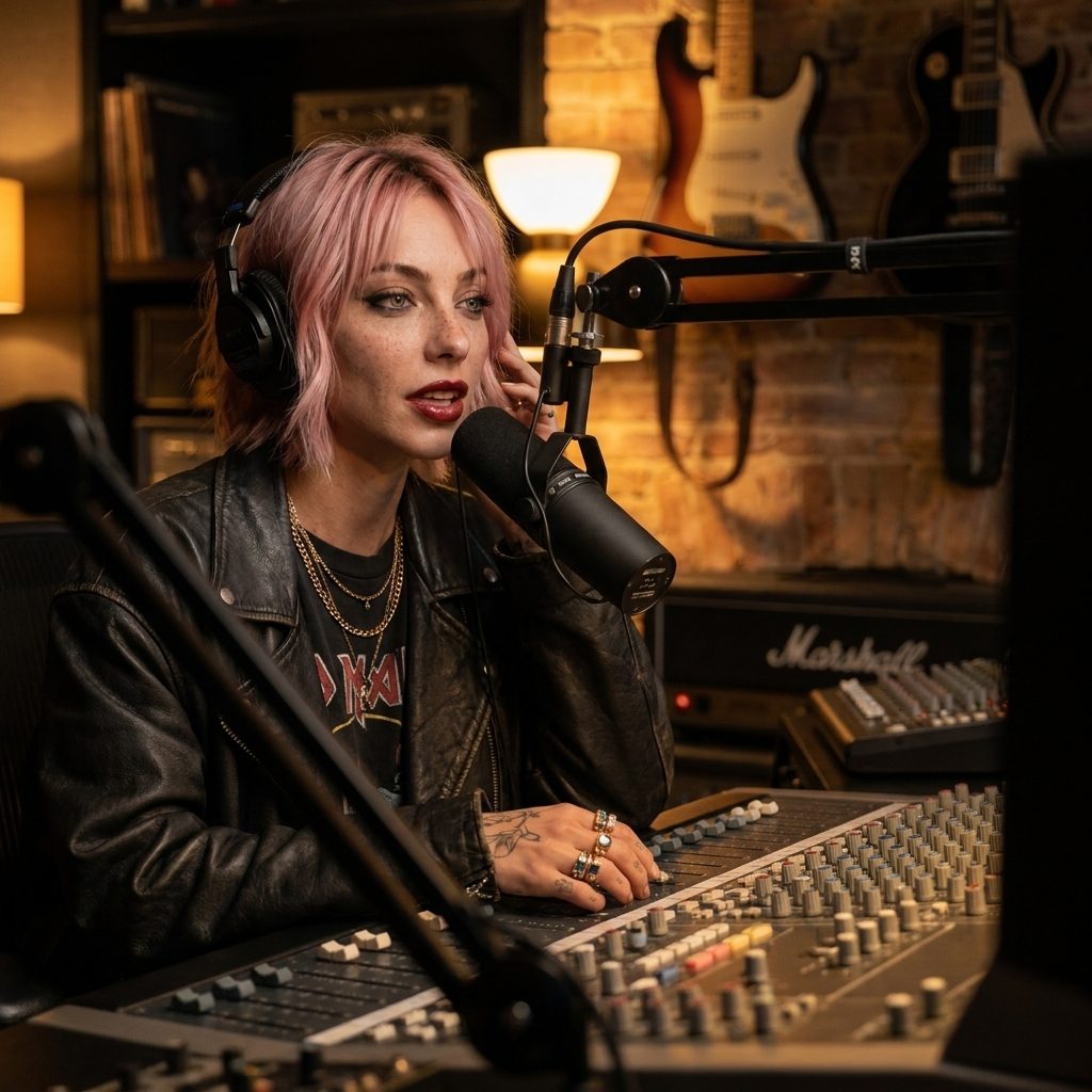 Pink-haired avatar in a leather jacket at a mixing desk in a recording studio