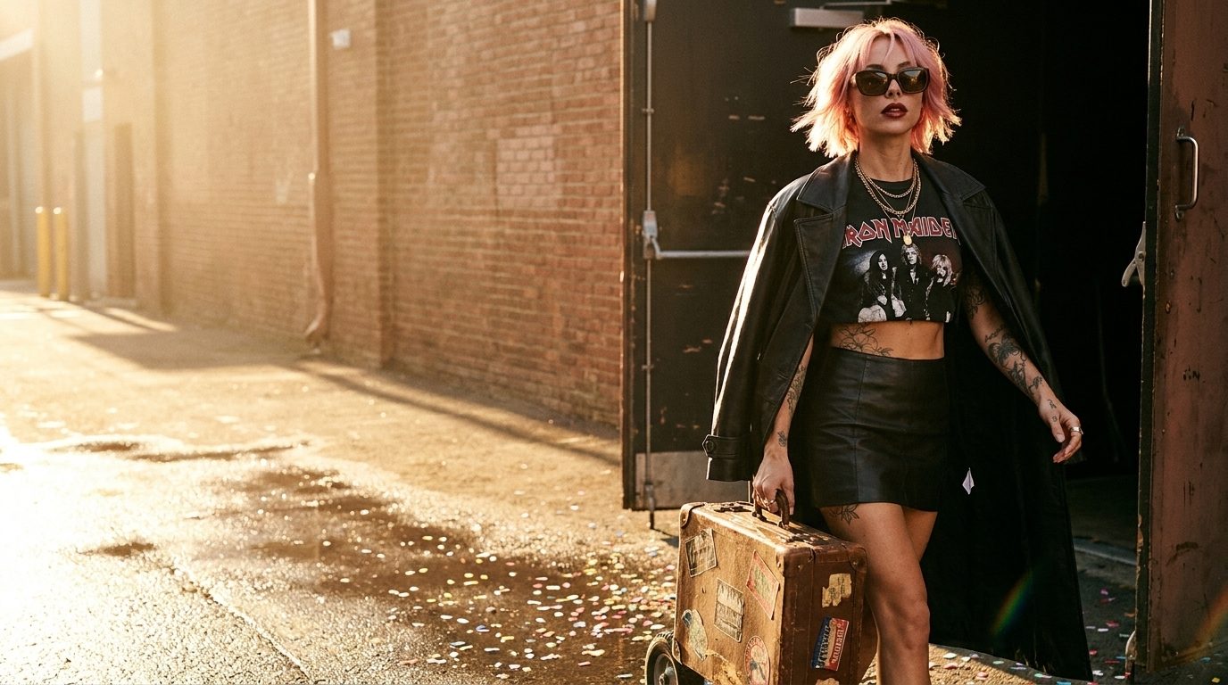 Raya leaving the stage door with her tour suitcases at golden hour