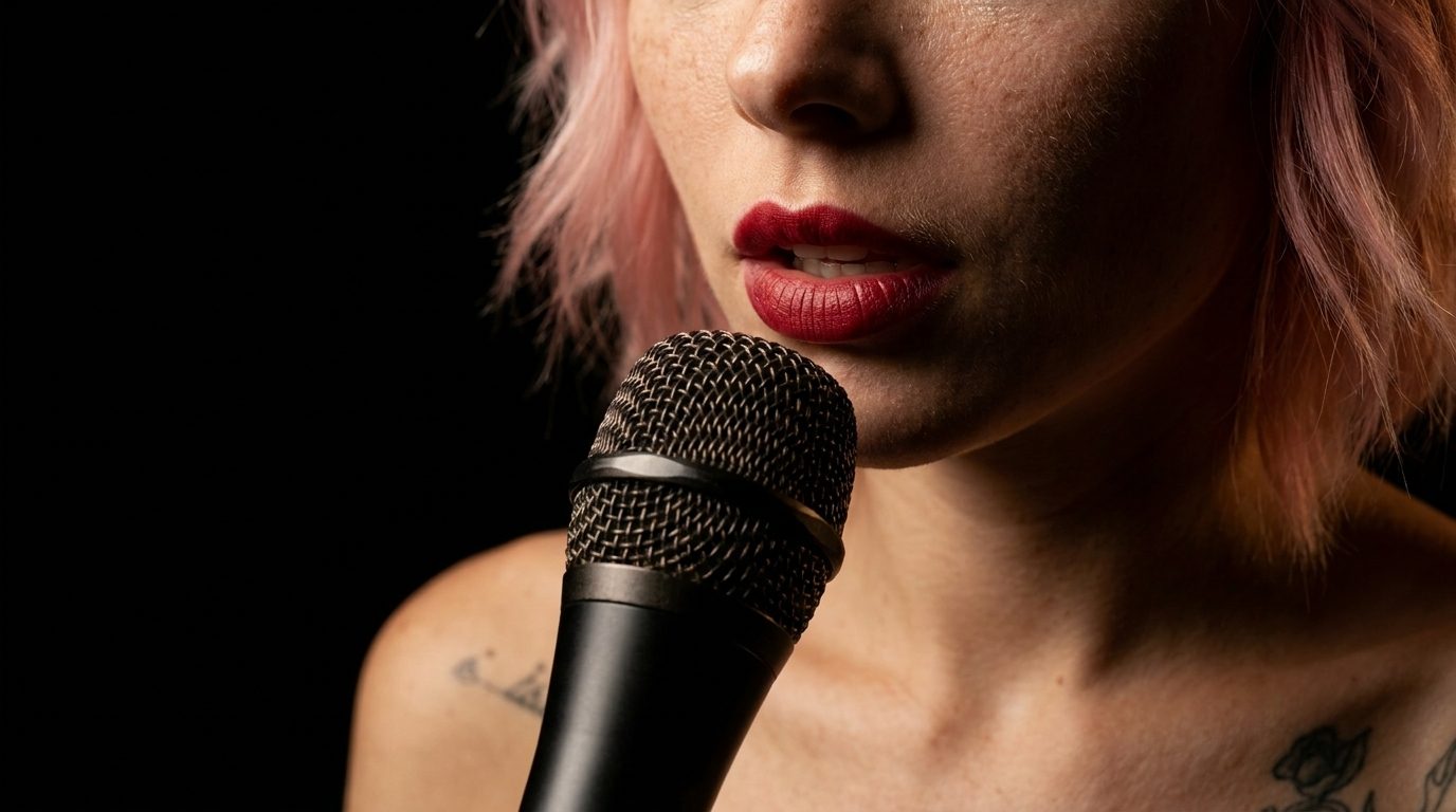 Close-up of red lips at a microphone against black