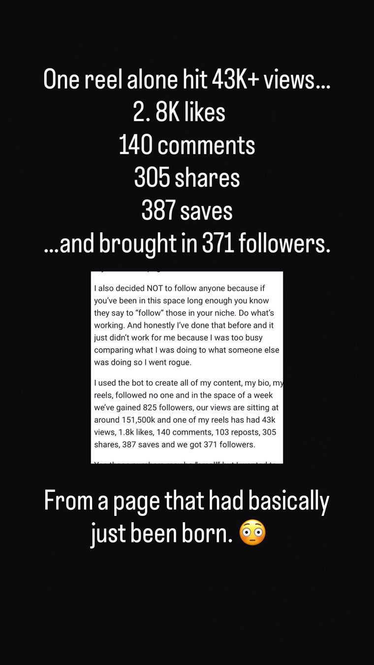One reel hit 43K views, 140 comments, 305 shares, 387 saves and brought in 371 followers, alongside Sienna's own written account of the week.