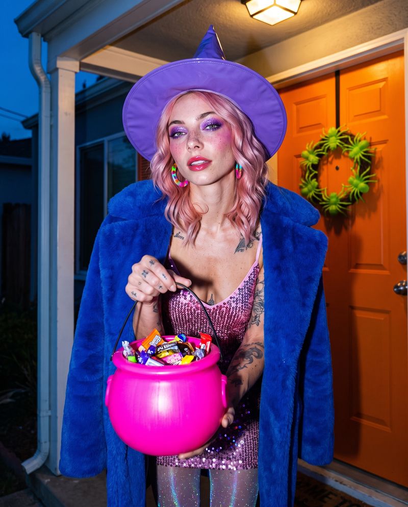 Trick or treat on the doorstep: AI avatar with pink hair in a bubblegum Halloween look