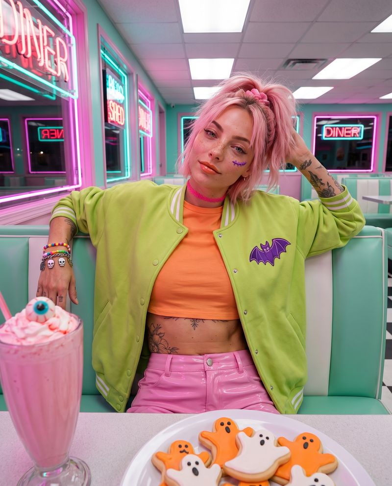 The haunted diner: AI avatar with pink hair in a bubblegum Halloween look