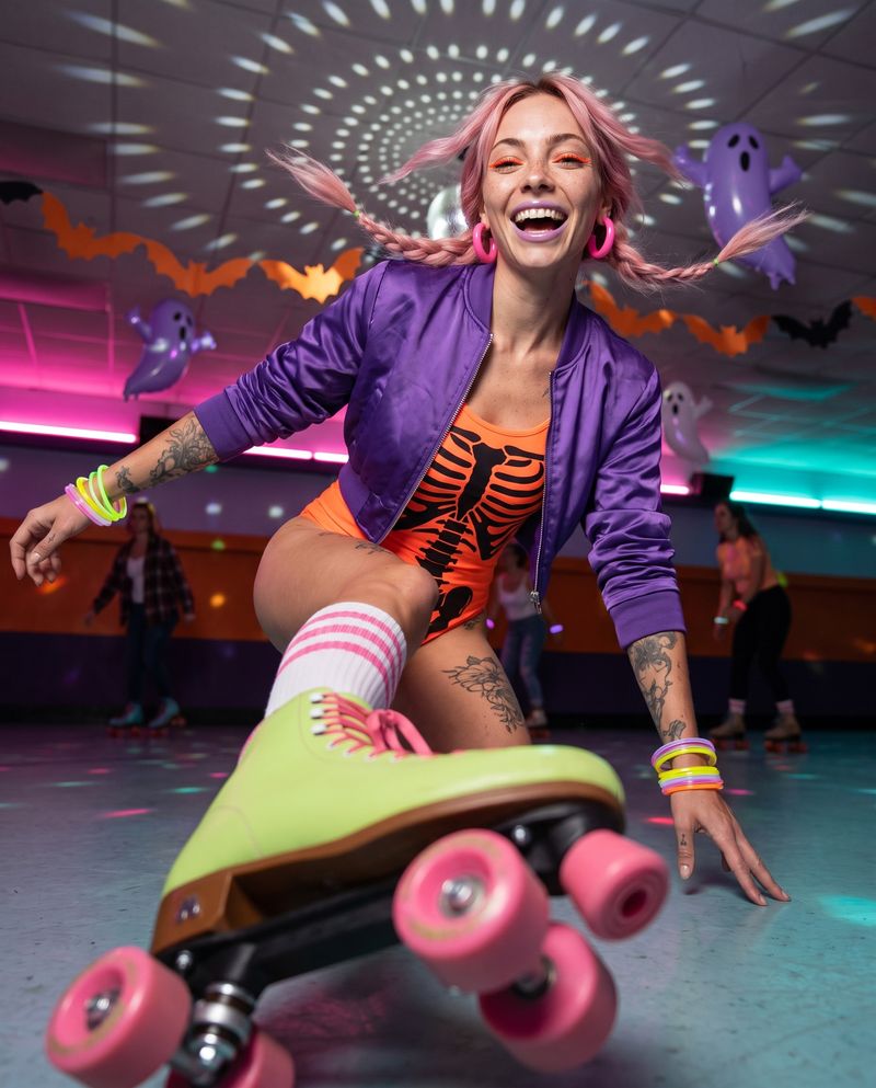 The roller rink: AI avatar with pink hair in a bubblegum Halloween look
