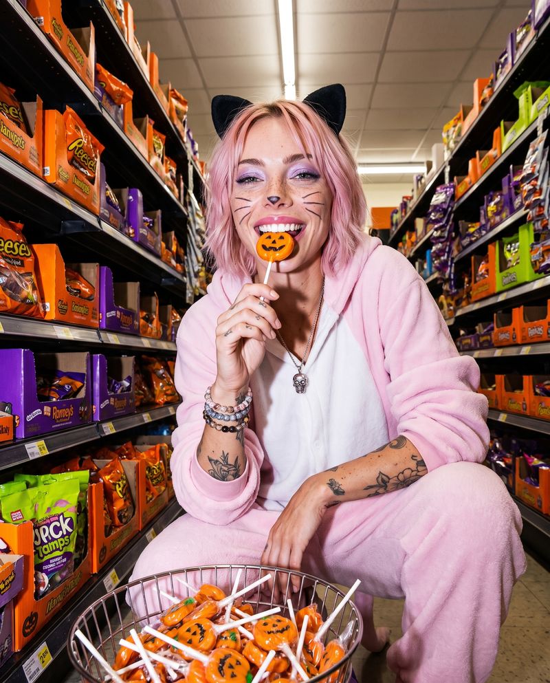 The 2am candy aisle: AI avatar with pink hair in a bubblegum Halloween look